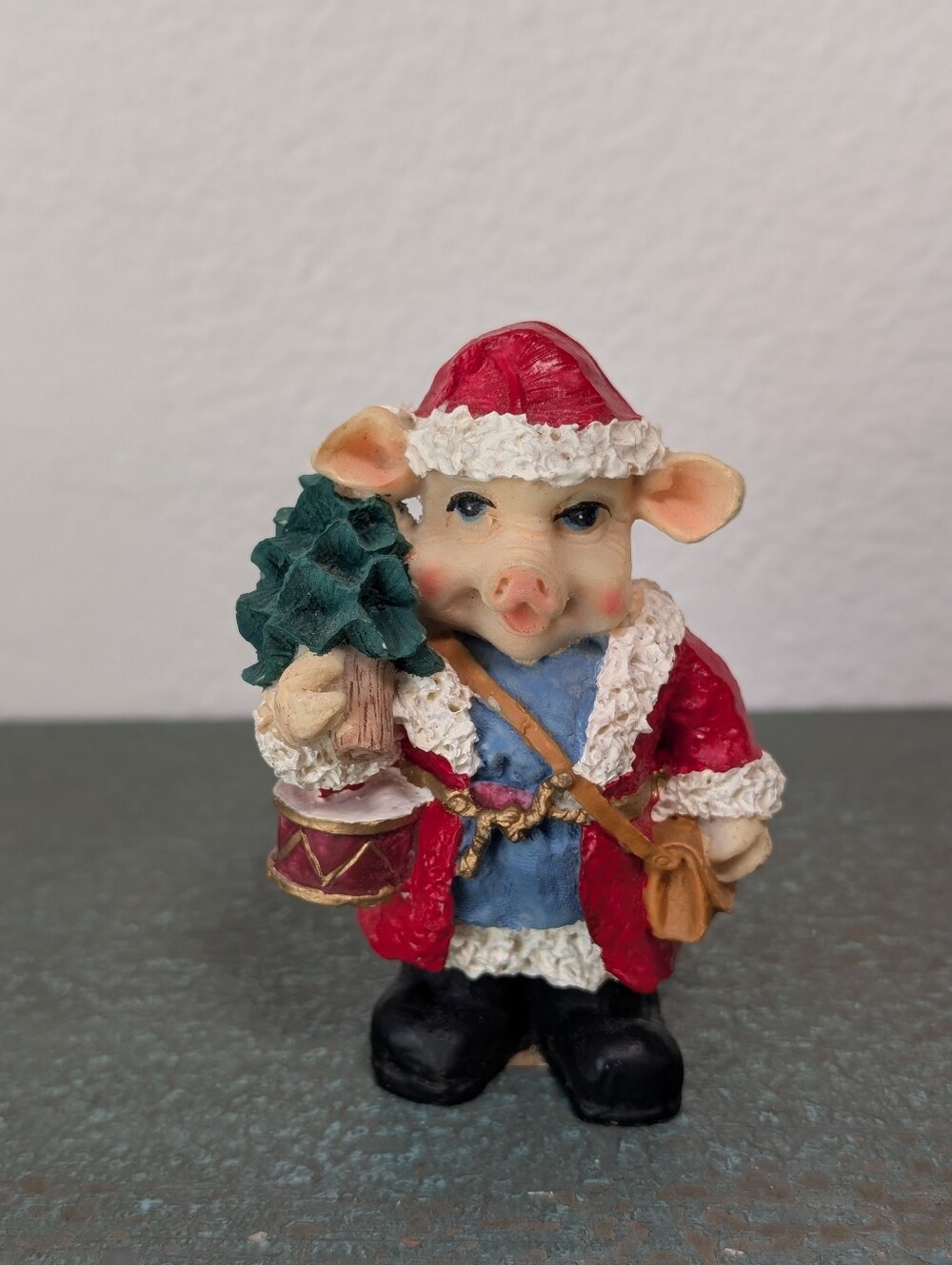 Santa Claus Anthropomorphic Christmas Pig Resin with Drum and Tree 4” Holiday